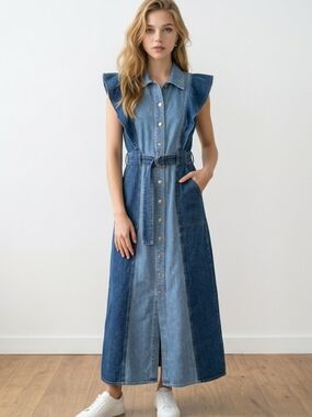 Derek Lam 10 Crosby Michelle Two-Tone Denim Midi Dress Size 6 Ruffle Belted